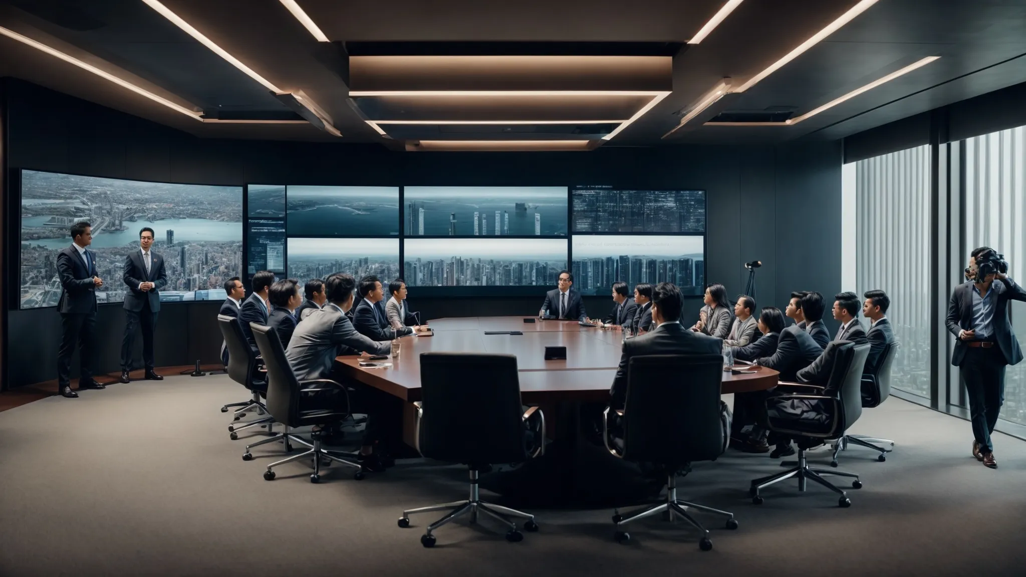 a panoramic boardroom with digital screens displaying marketing analytics and professionals engaged in a strategy session.