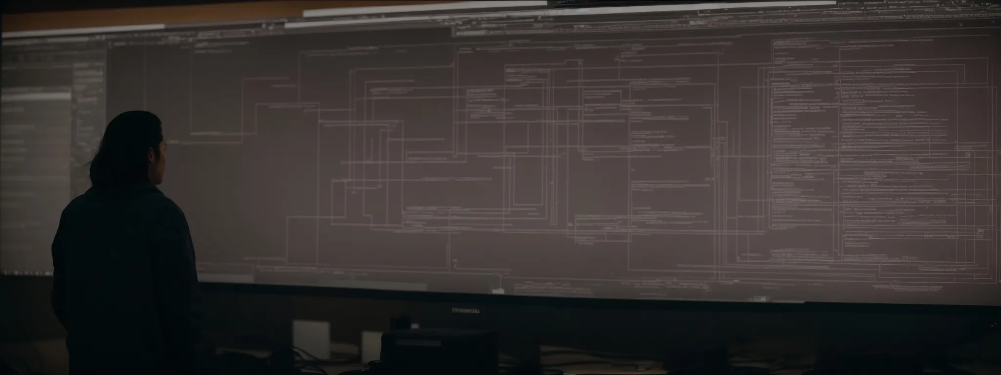 a person in front of a large computer screen reviewing a flowchart representing a website’s structure, including separate sitemap components.
