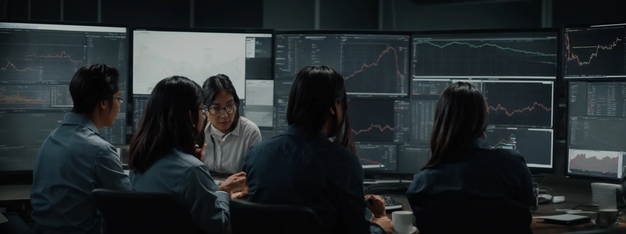 a diverse team intently gathered around a computer screen, analyzing graphs that depict a significant recovery trend in website traffic.