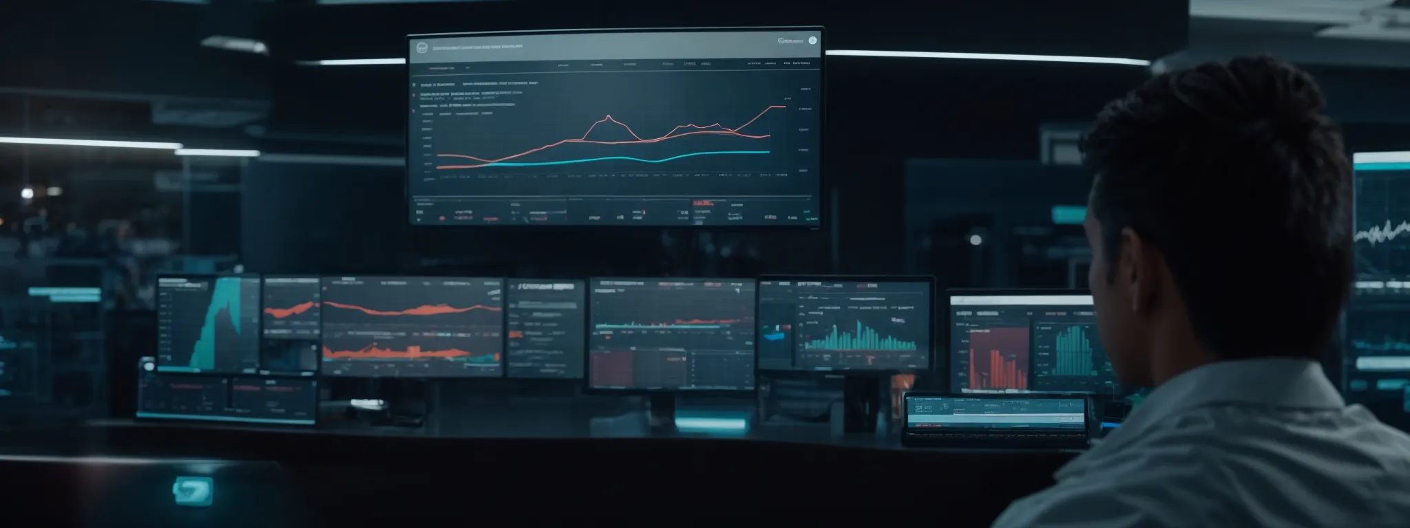 a marketer confidently showcases a futuristic dashboard displaying real-time affiliate analytics on a sleek, high-tech screen.