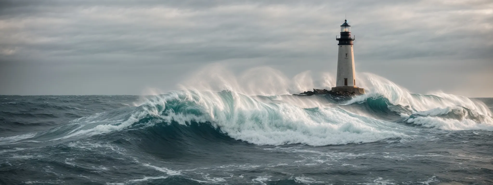 a visible lighthouse stands tall, guiding amidst a digital sea of search queries and data waves.