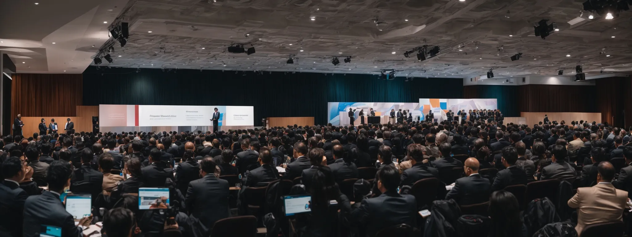 a panoramic view of a bustling digital marketing conference where experts discuss the synergy of seo and ppc.
