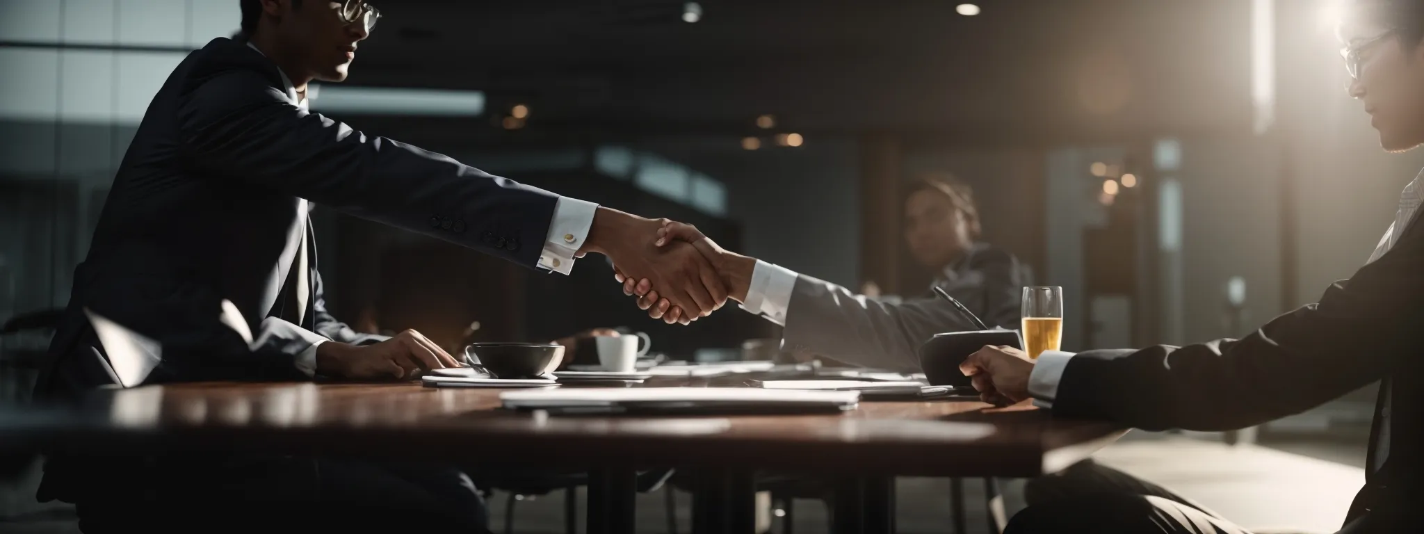 business partners shaking hands in agreement over a digital marketing strategy session, with a bright glow on the table symbolizing innovation and partnership.