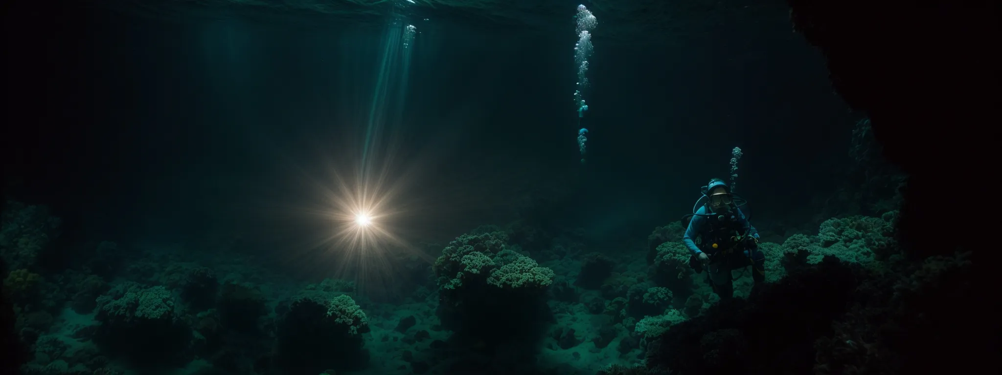 a diver with a flashlight exploring a vast, shadowy underwater cave to illustrate the in-depth exploration of gsc metrics.