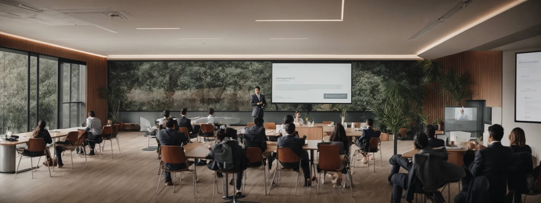 a conference room with a professional presenting a digital marketing strategy on a large screen.