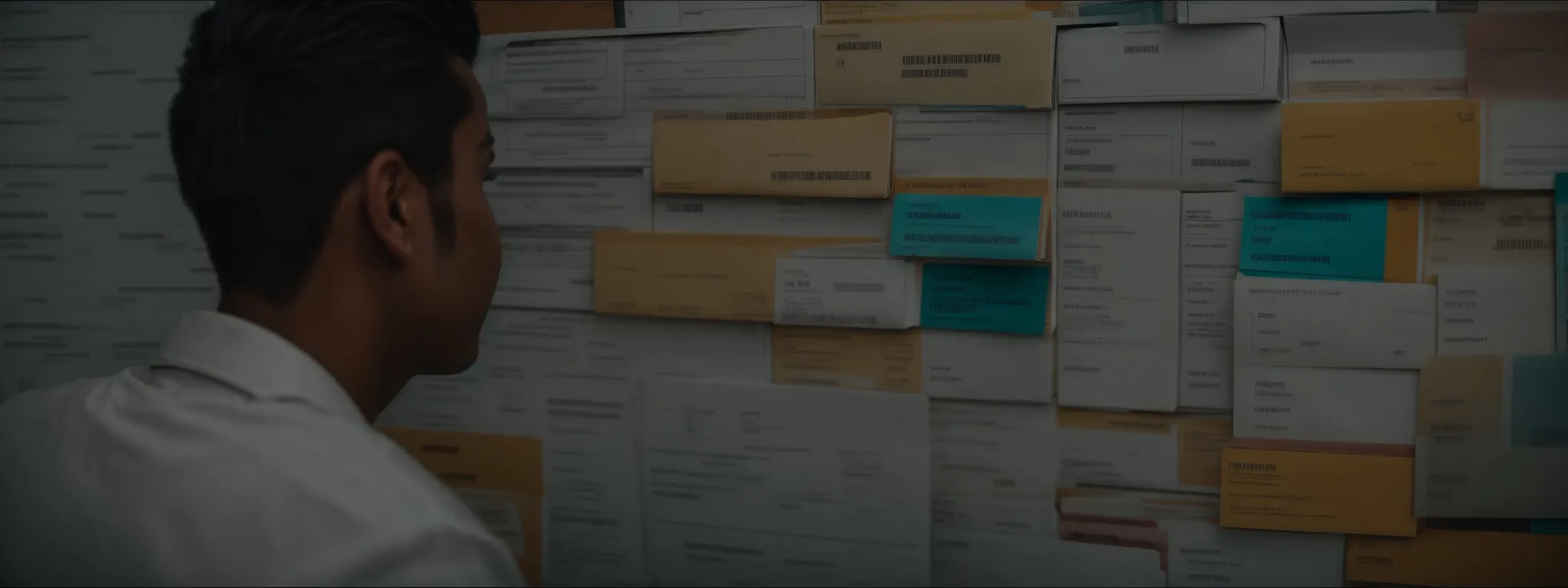 a person analyzing a stack of folders labeled with various website categories.