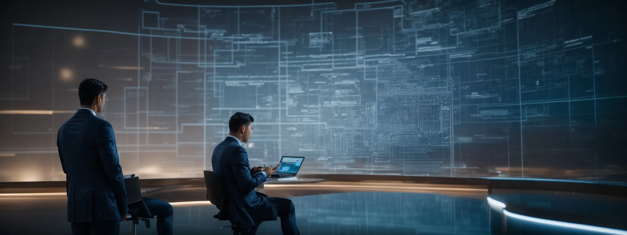 a business person contemplates a digital blueprint highlighting a website's architecture on a futuristic interface.