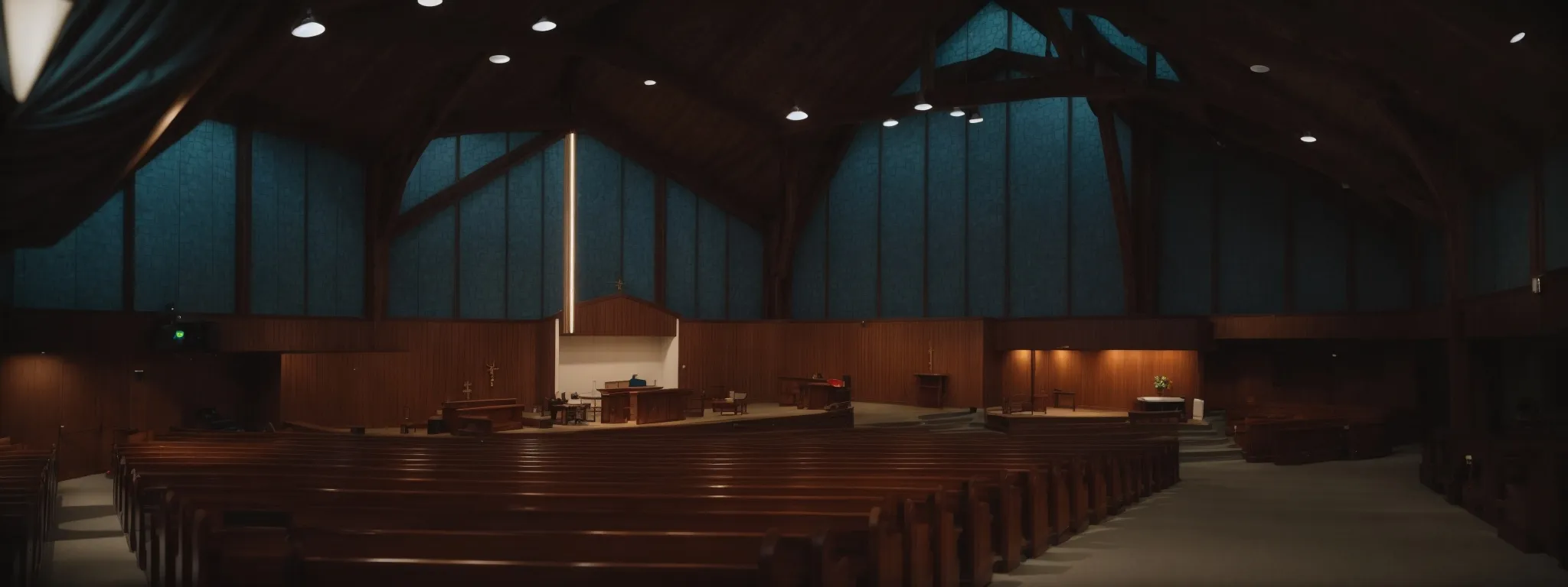 a church's interior illuminated while a sermon is live-streamed to an online audience.
