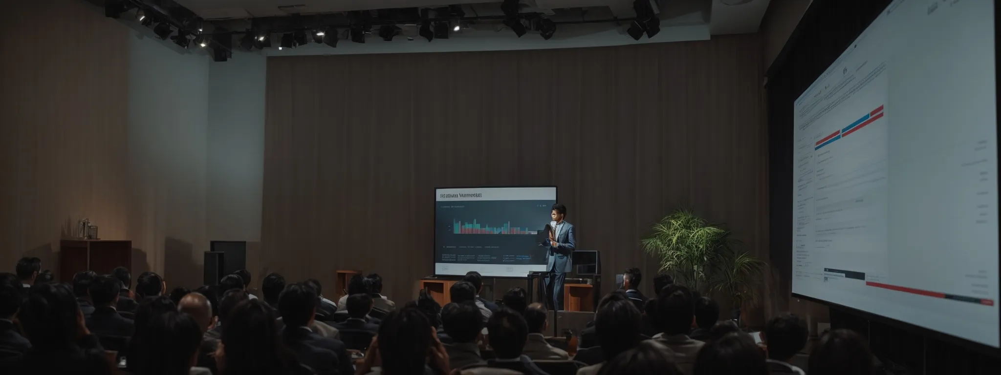 a speaker presenting a digital marketing webinar with a live serp analysis on a big screen.