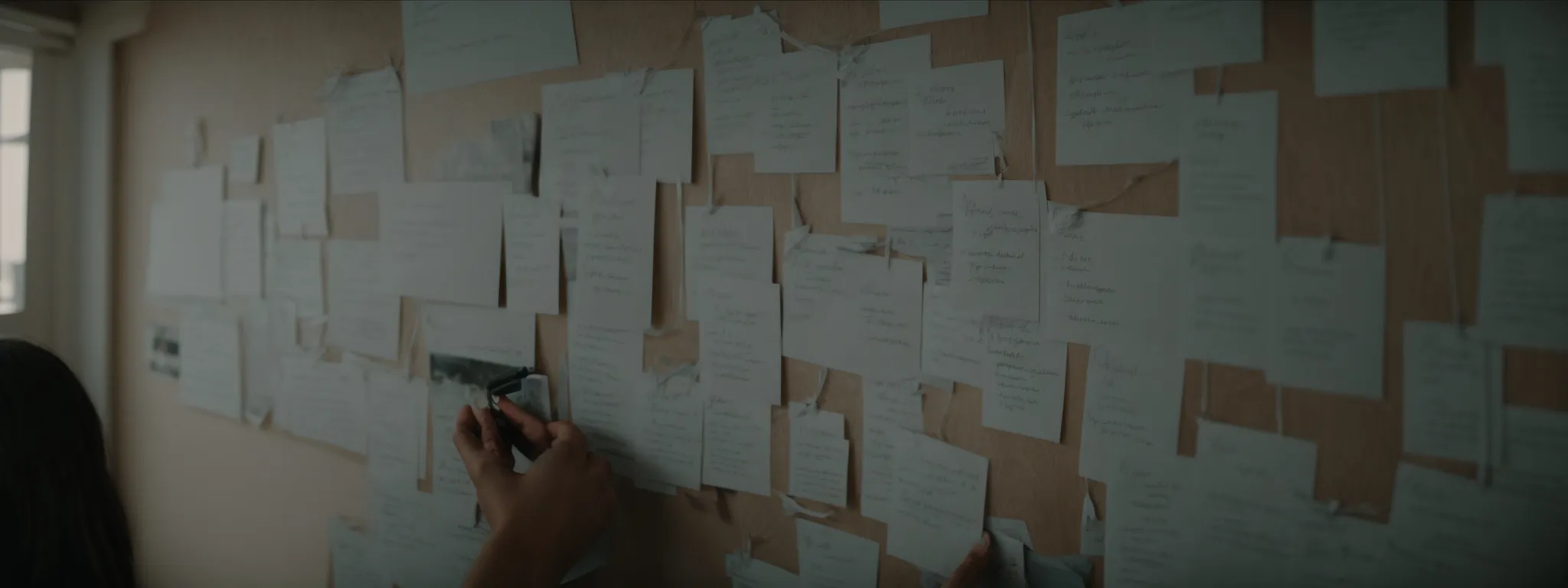 a person thoughtfully arranging topic cards on a wall, symbolizing seo content planning.