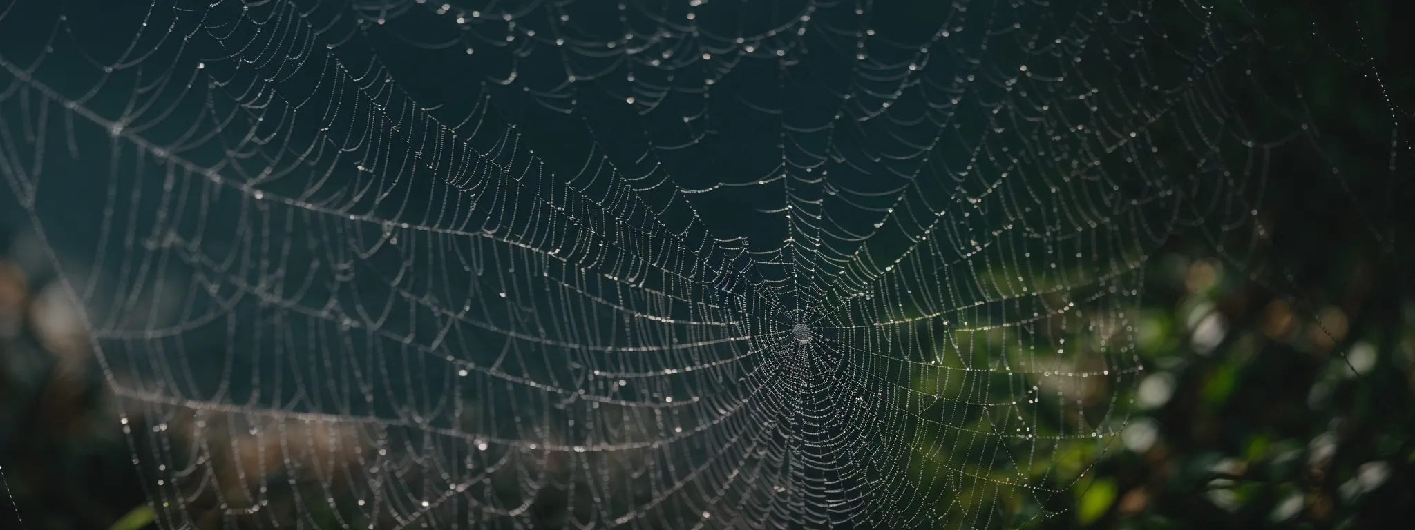 a close-up of a spider web glistening with dew to symbolize an intricate network of connections.