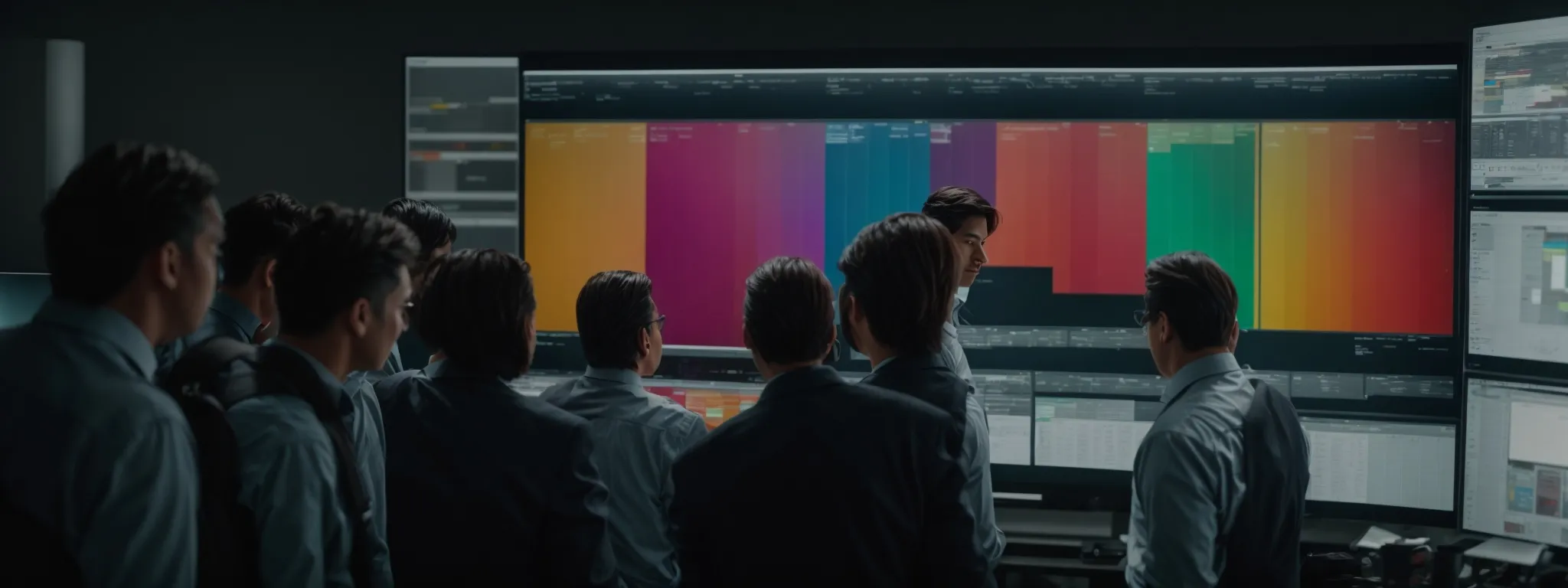a group of professionals gathered around a large digital screen, reviewing a colorful workflow chart.