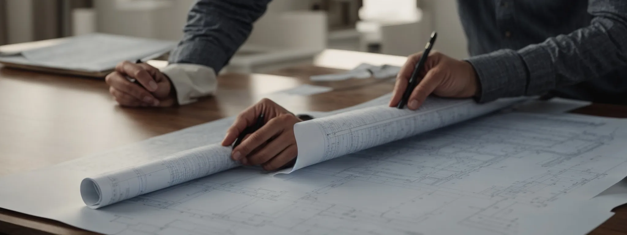 an architect unrolls a blueprint on a table, symbolizing the strategic planning of website structure.