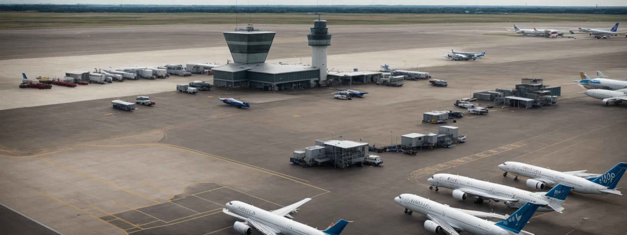a control tower overlooking a busy airport runway with multiple airplanes preparing for takeoff.