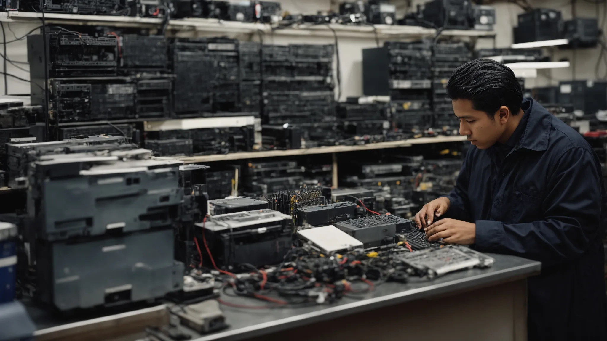 a computer technician is working diligently in a well-organized repair shop filled with various computers and electronic tools.