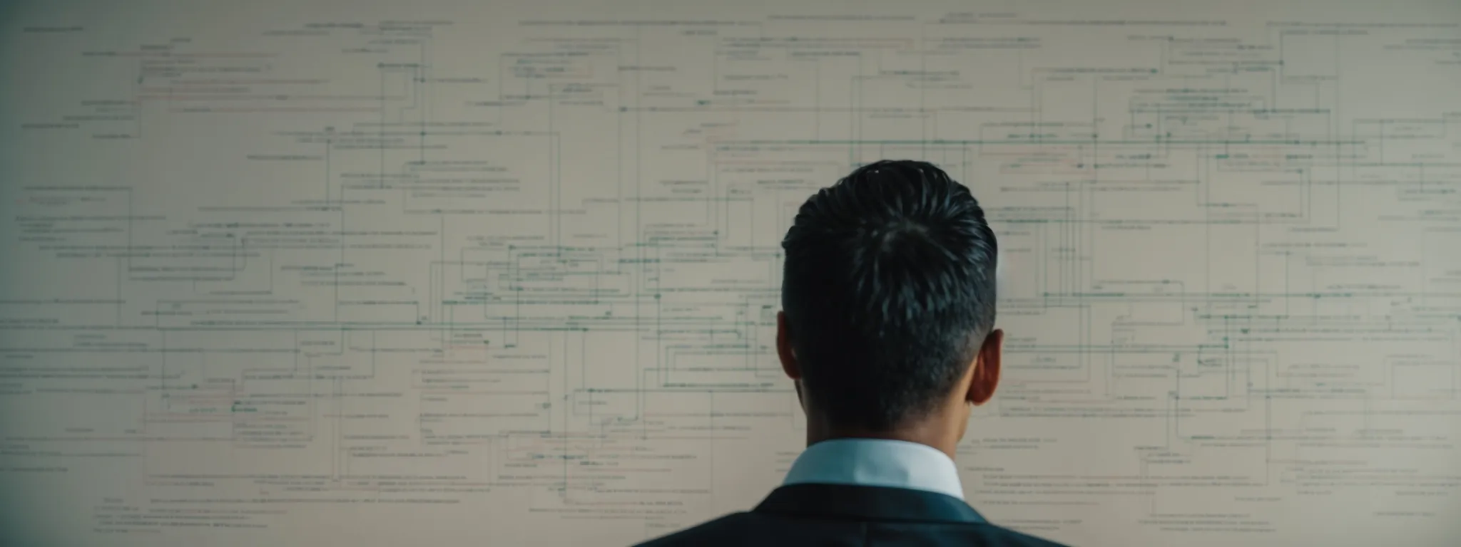 a focused individual analyzes a complex flowchart representing a website's structure on a digital interface.