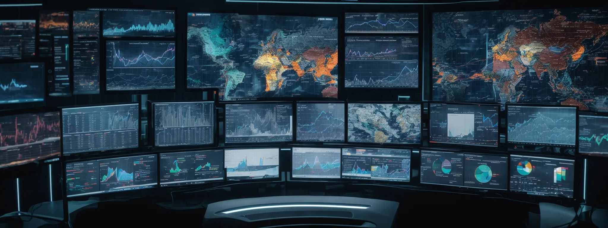a close-up view of a futuristic workstation with multiple screens displaying graphs, analytics, and a digital world map, symbolizing a high-tech seo strategy analysis.