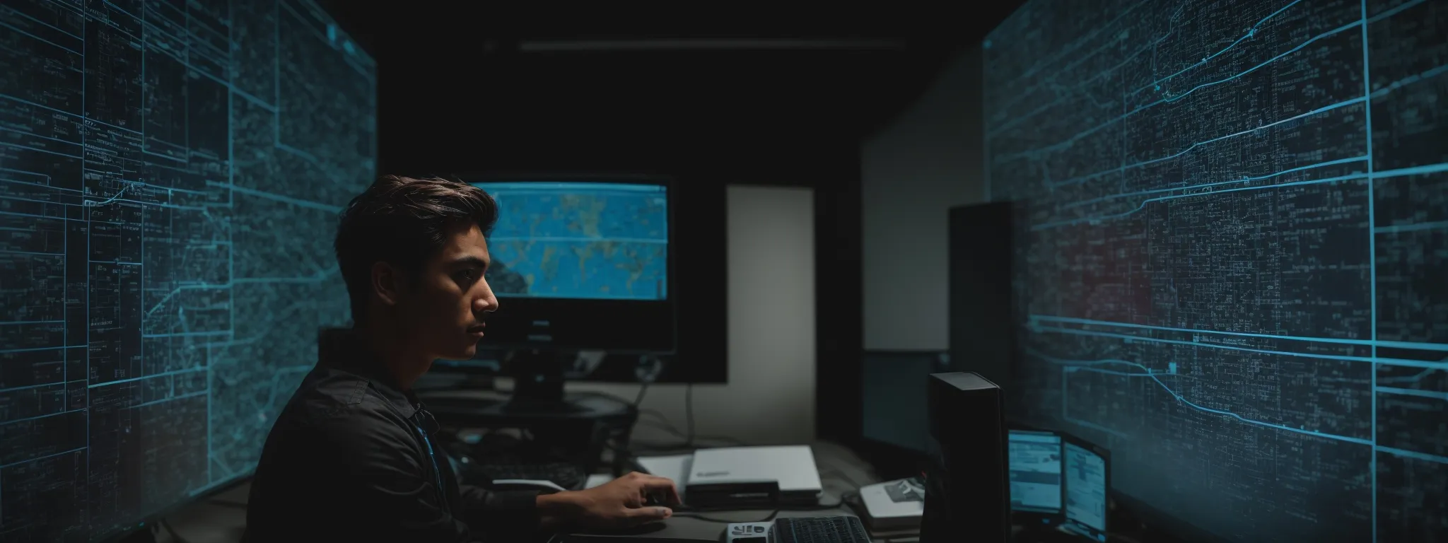 a focused individual in front of a computer, intently navigating through a complex digital map of interconnected websites and data streams.