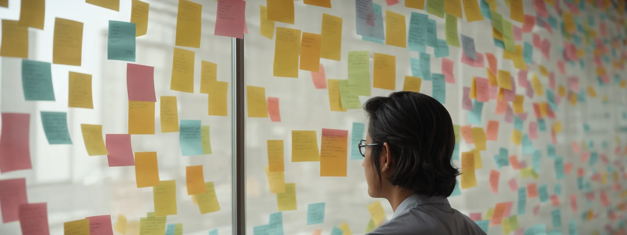 a person brainstorming with colorful sticky notes on a glass wall to strategize seo keyword research.