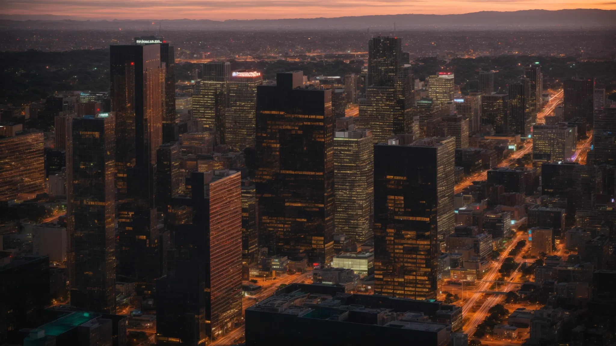 a skyline view of a vibrant business district at sunset, symbolizing local corporate networks and community integration.