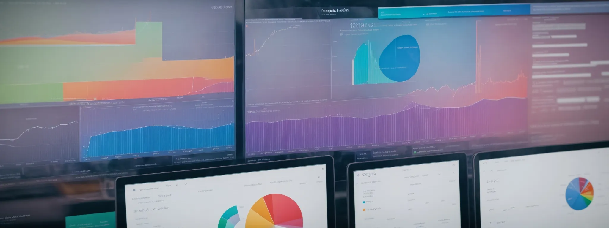 a screen displaying colorful charts and graphs illustrating seo data analysis within google data studio.