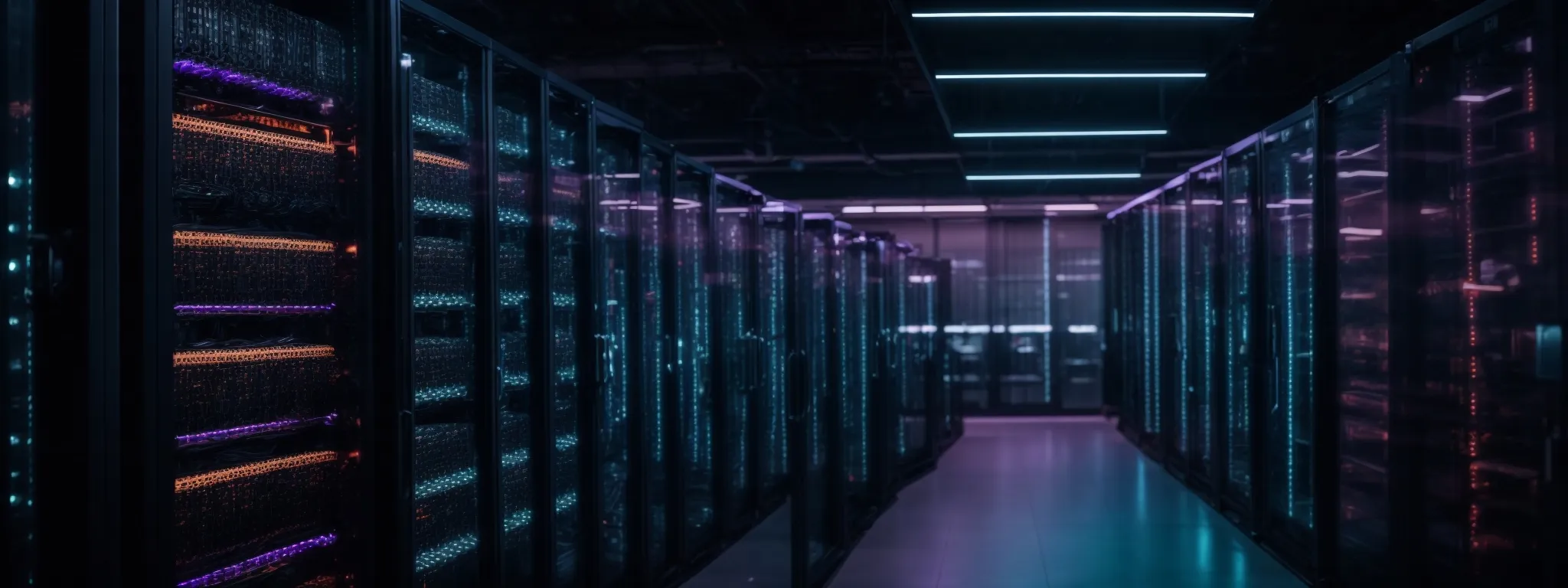 a panoramic view of server racks in a data center with glowing lights indicating active network traffic.