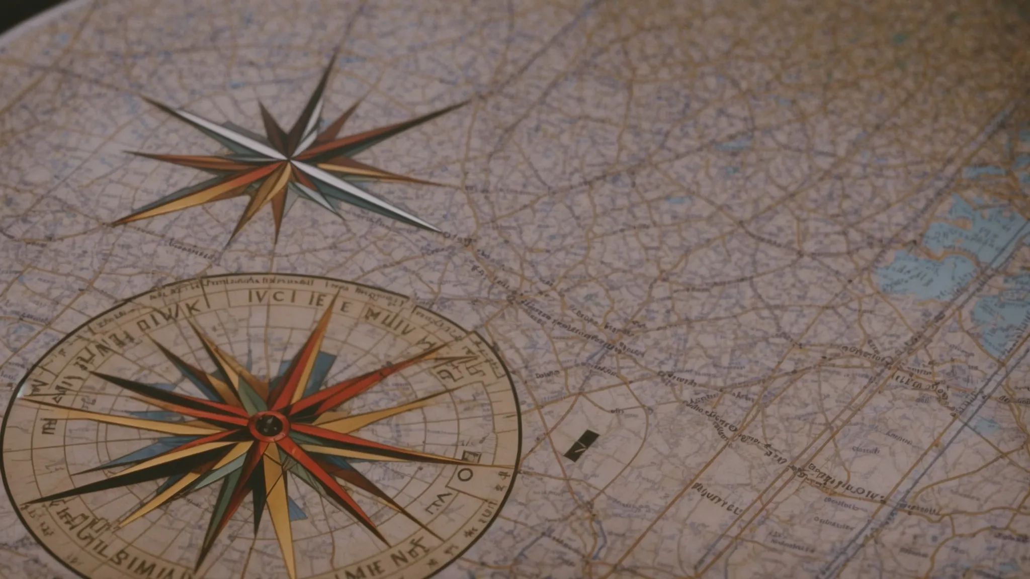 a compass on top of a map indicating different local landmarks.
