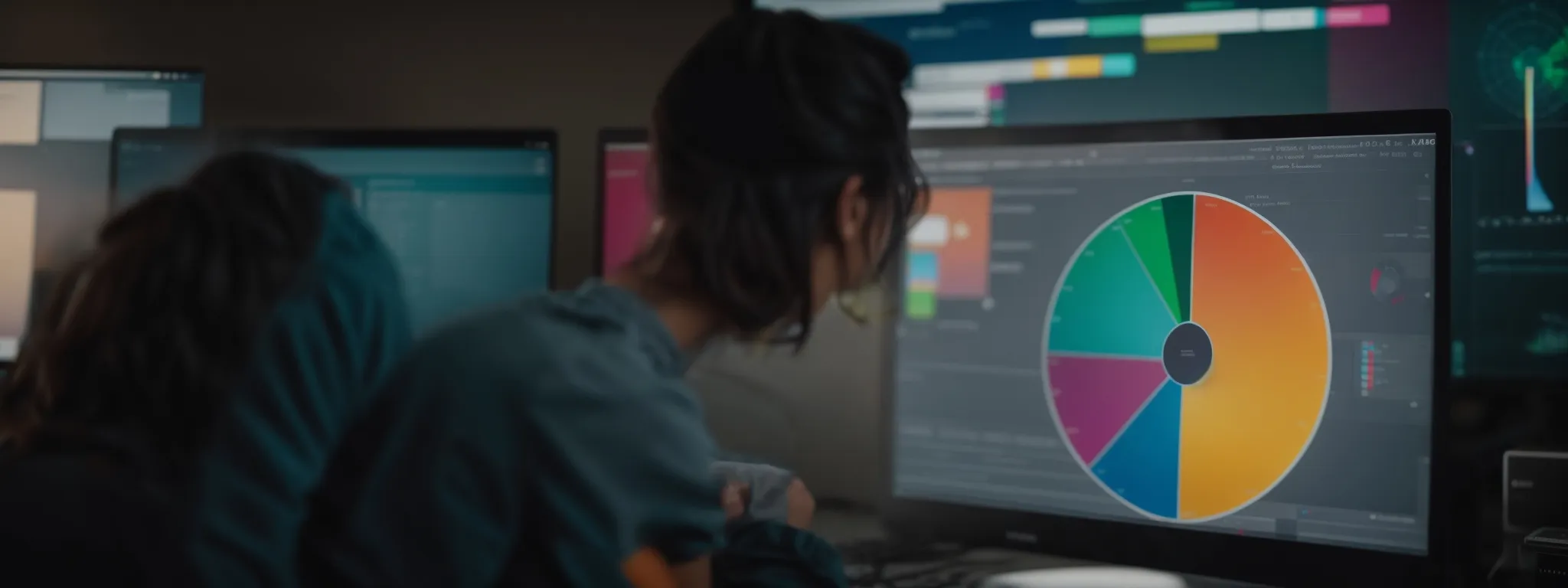 a focused individual analyzes a colorful pie chart on a computer screen, highlighting different segments of search engine market share.