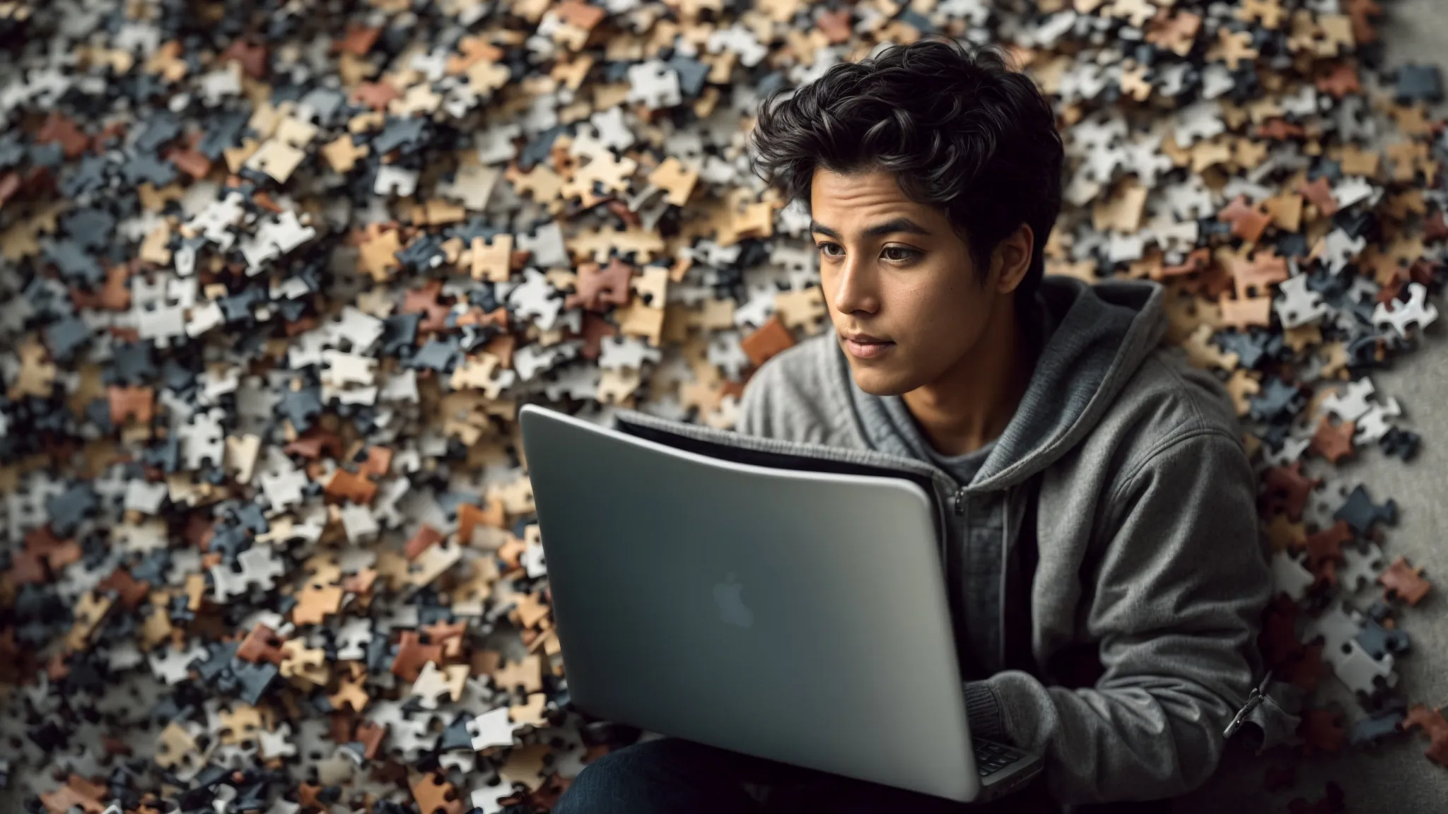 a puzzled person staring at a computer screen displaying a chaotic mishmash of unrelated website search results.
