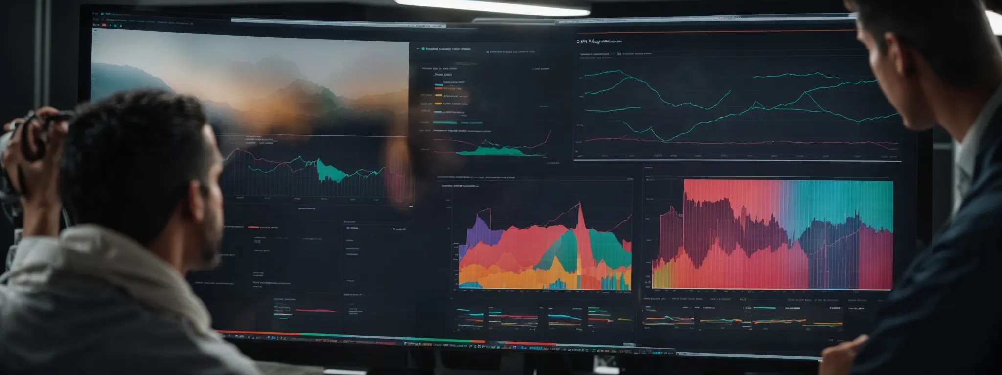 a digital marketing team analyzes traffic data on a large monitor displaying colorful graphs of website visitors across different devices.