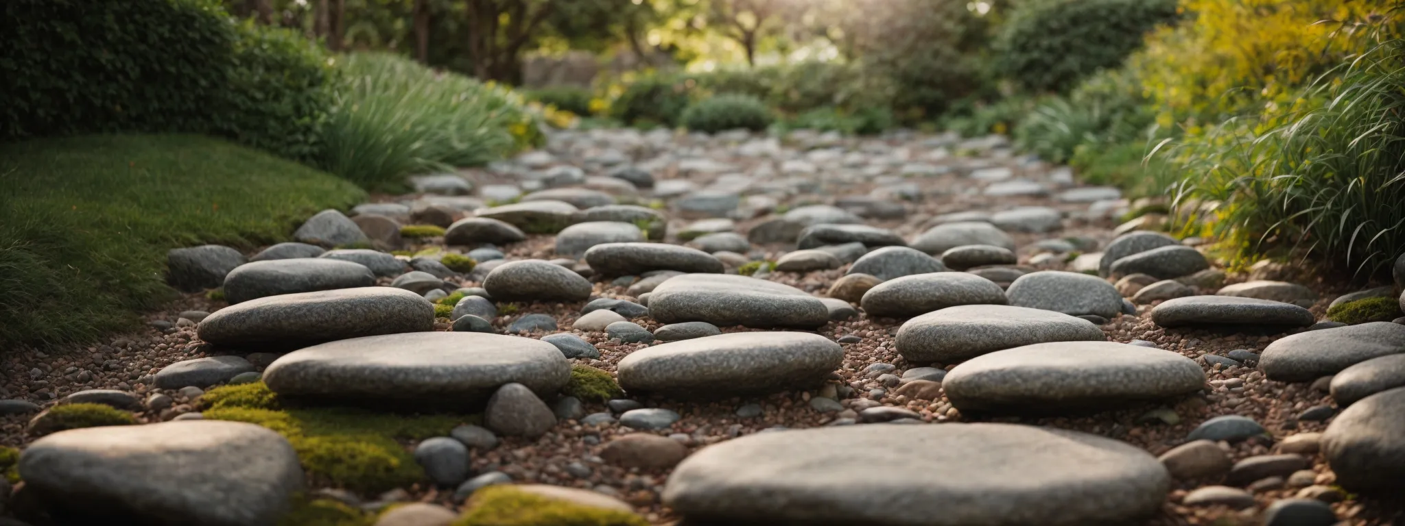 a trail of smooth stones leading through a manicured garden to symbolize clear navigation pathways.