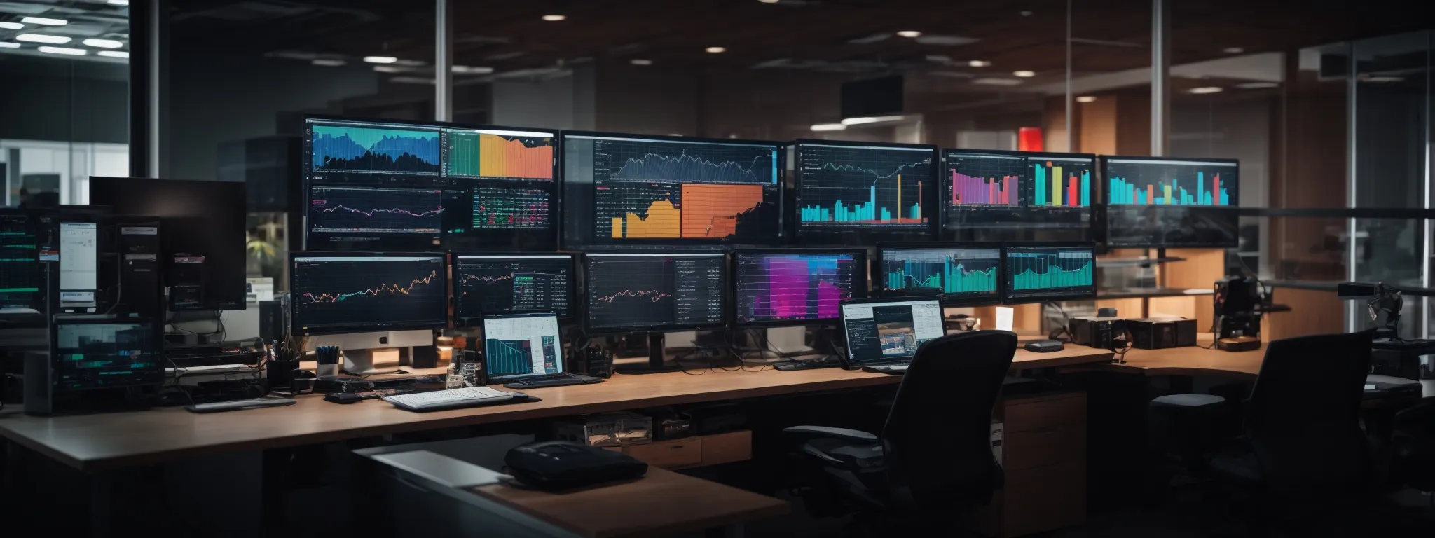 a modern office setup with multiple computer monitors displaying colorful data analytics dashboards.