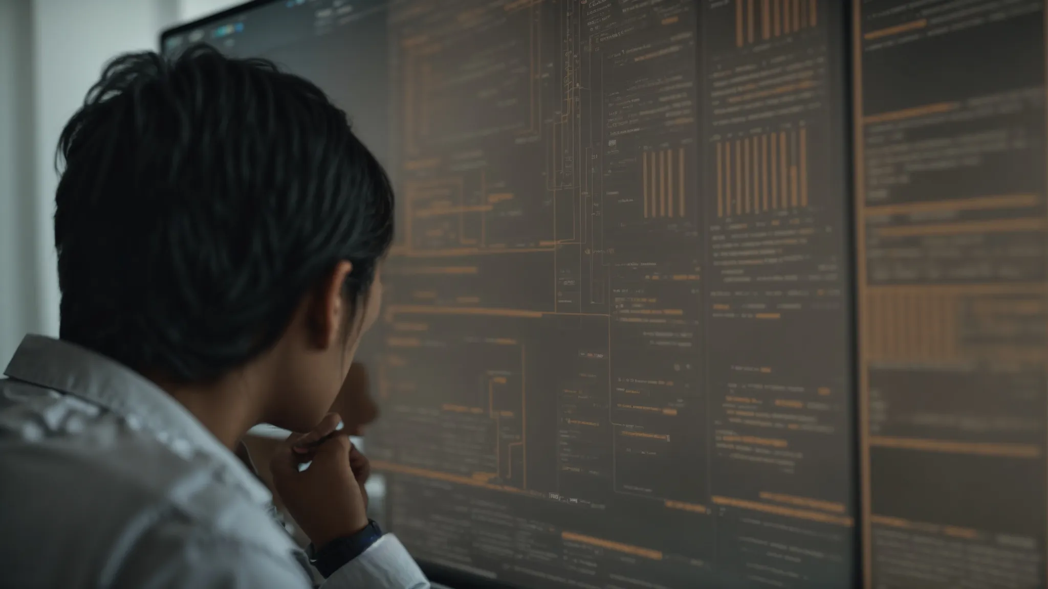 a person intently studying a complex flowchart on a computer screen in a well-lit office.