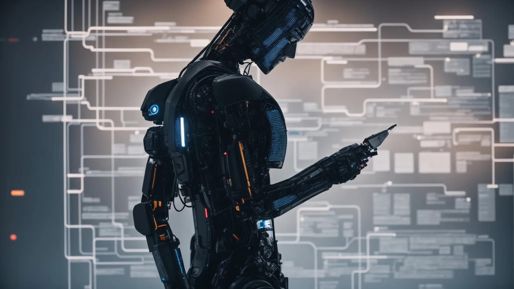 a humanoid robot examining a large, glowing flowchart representing a website's seo structure.