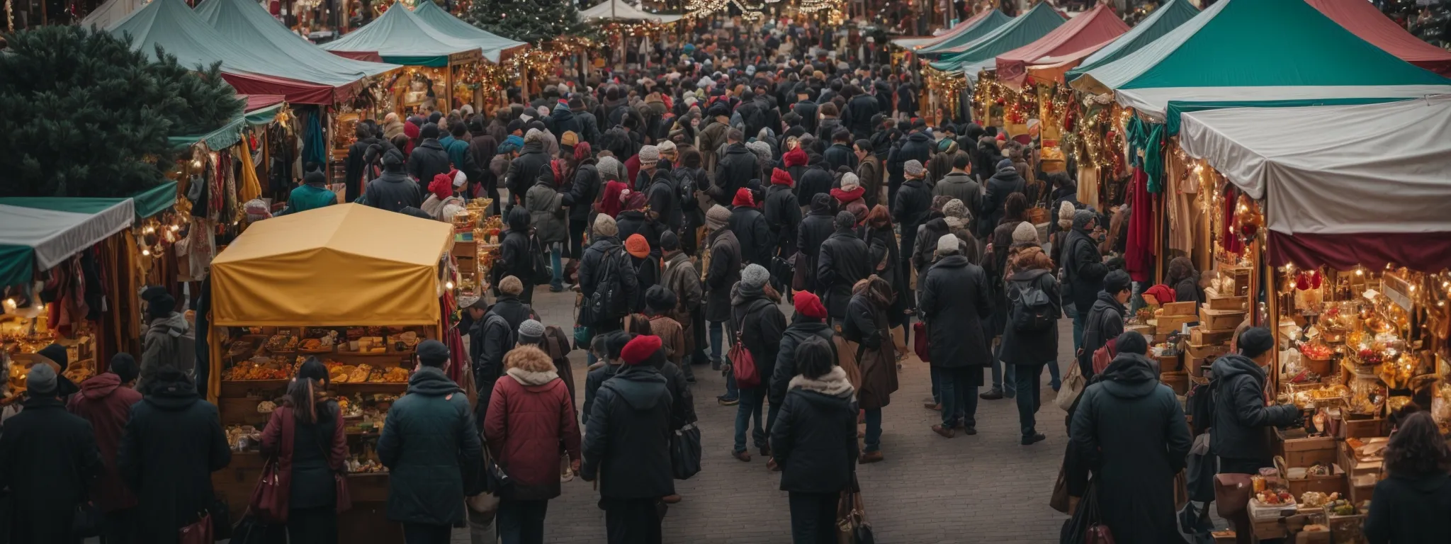 a bustling holiday market with distinctive, colorful stalls offering unique gift items.