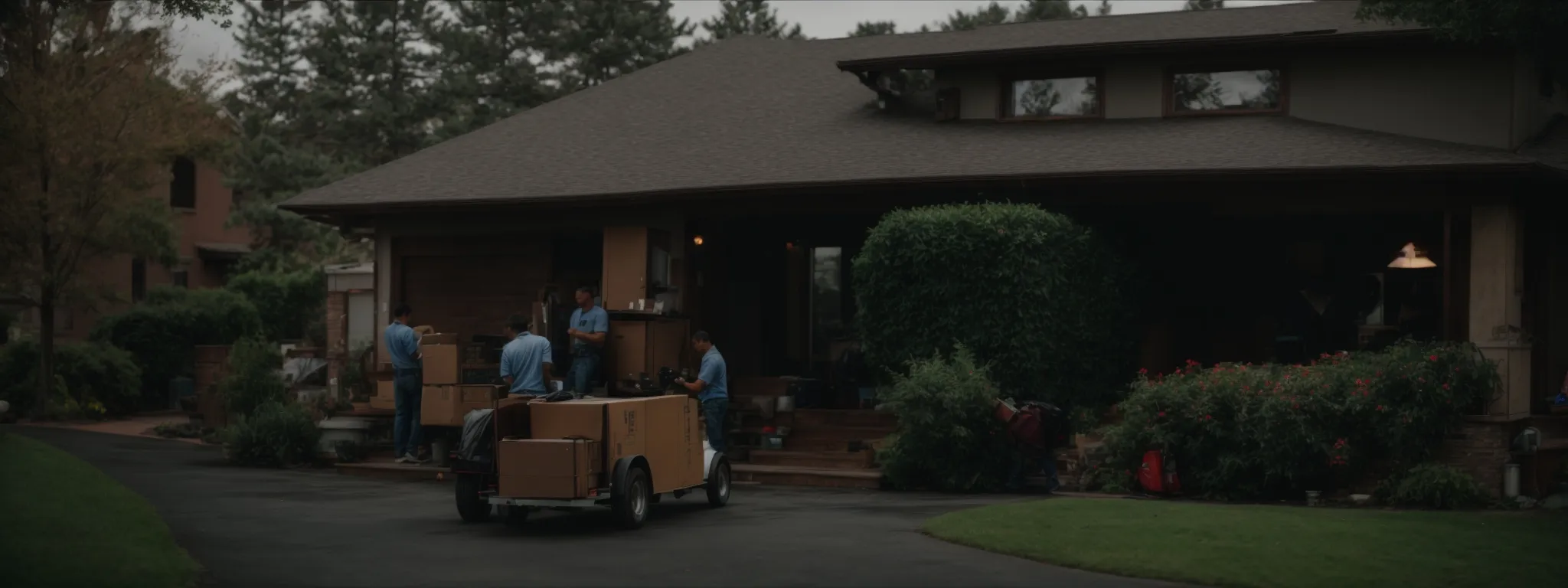 a moving truck is parked outside a home, while movers are seen carrying furniture towards it in an organized fashion.