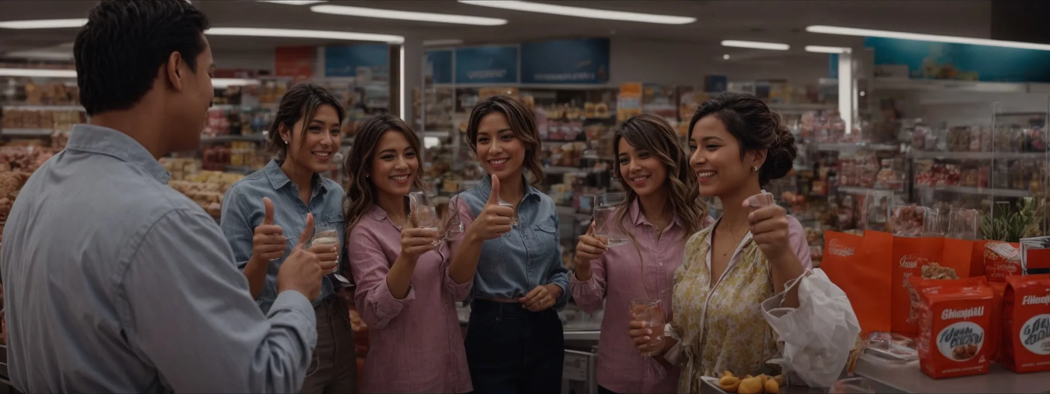 a group of satisfied customers celebrates a product with thumbs up in a bright, inviting store.