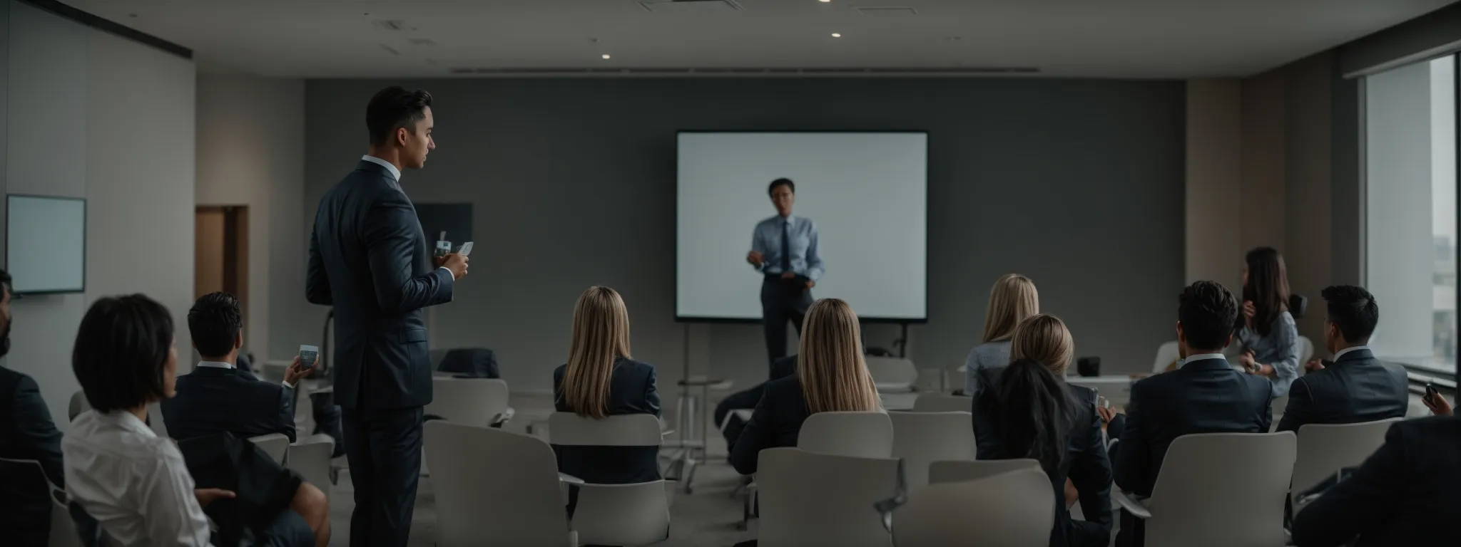 a person giving an engaging presentation to a group of attentive business professionals in a modern meeting room.