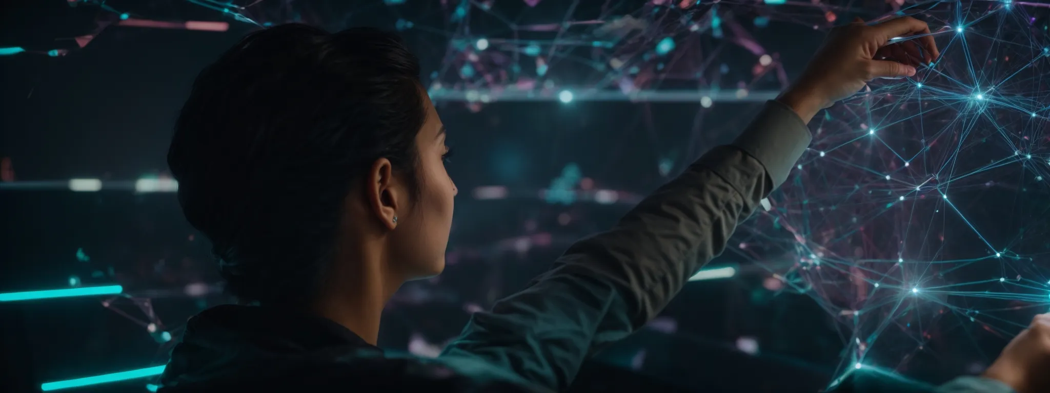 a person examining a holographic interface of interconnected nodes representing a futuristic network.