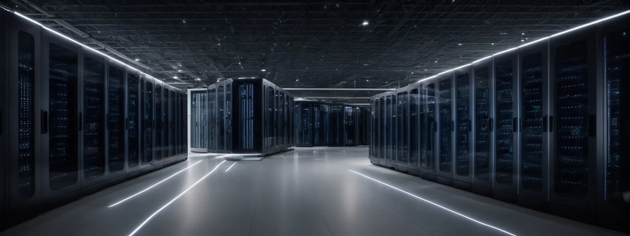 a modern data center with rows of high-tech servers and a clear central aisle.