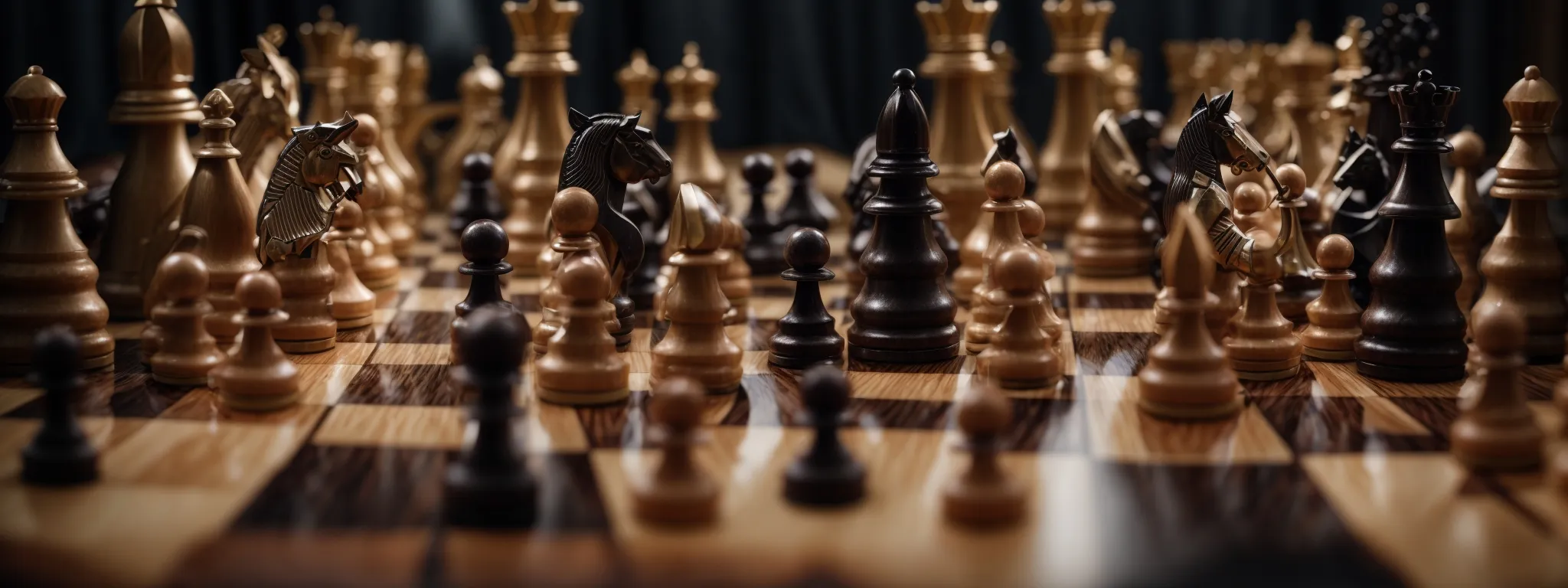 a panorama of battle-ready chess pieces facing off on an intricate board, signifying strategic competition in a dynamic field.