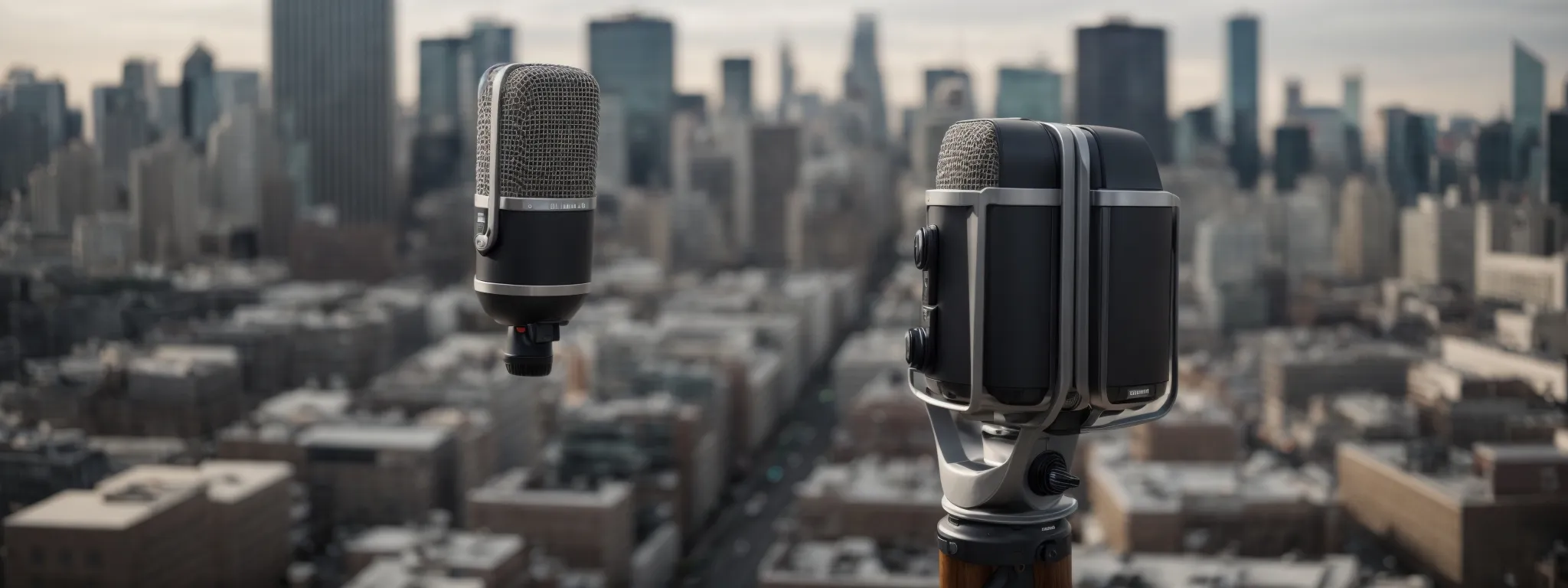 a microphone set against a bustling city backdrop symbolizing the dynamic connection between podcast broadcasting and urban digital engagement.