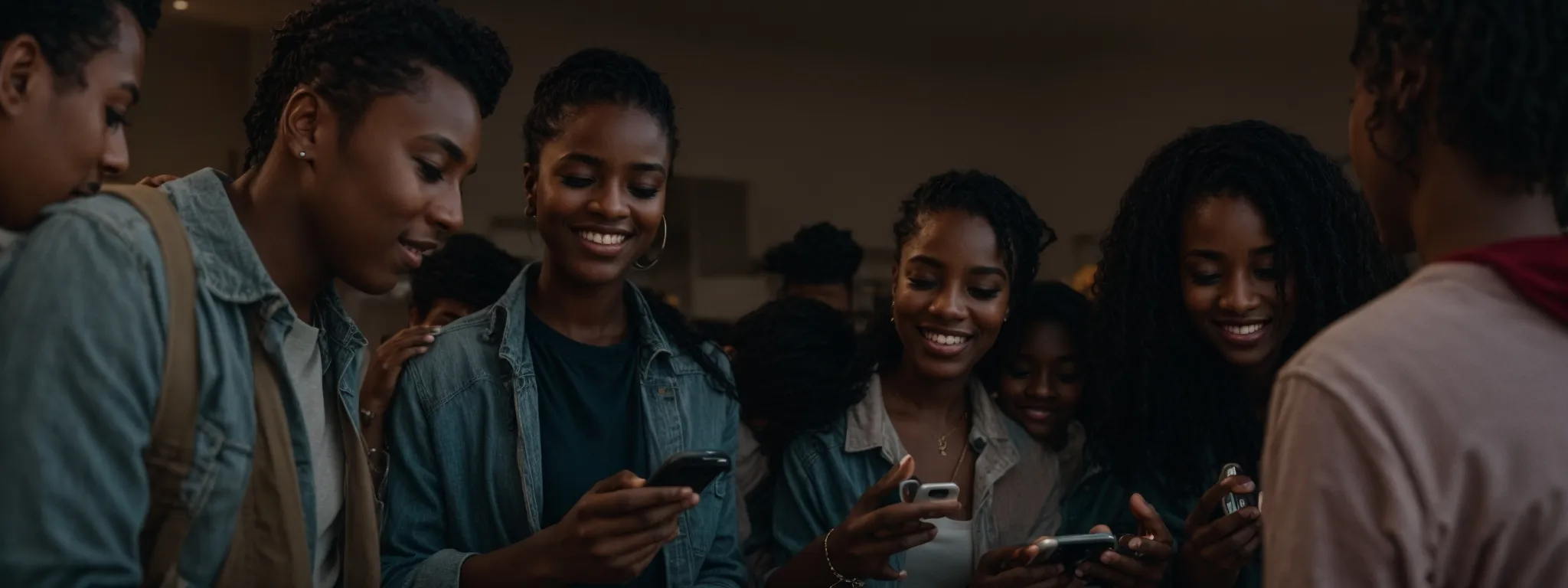 a group of diverse people excitedly looking at a smartphone screen together.