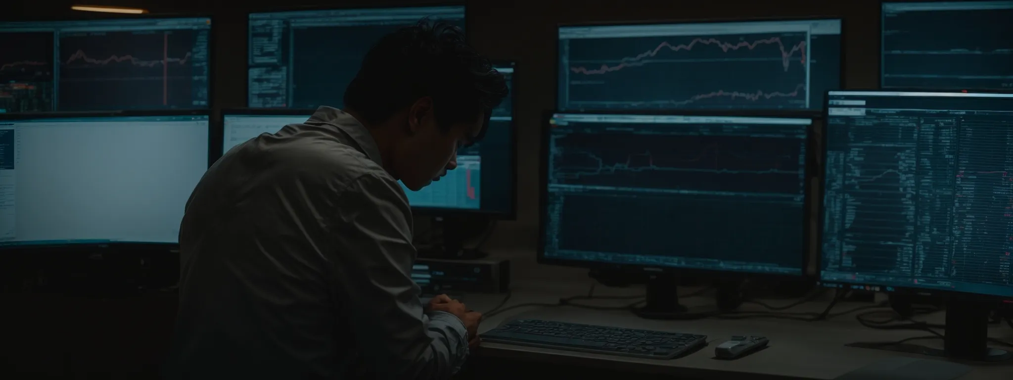 a person working intently on a computer with complex analytical graphs on the screen, symbolizing the efficiency of seo audits.
