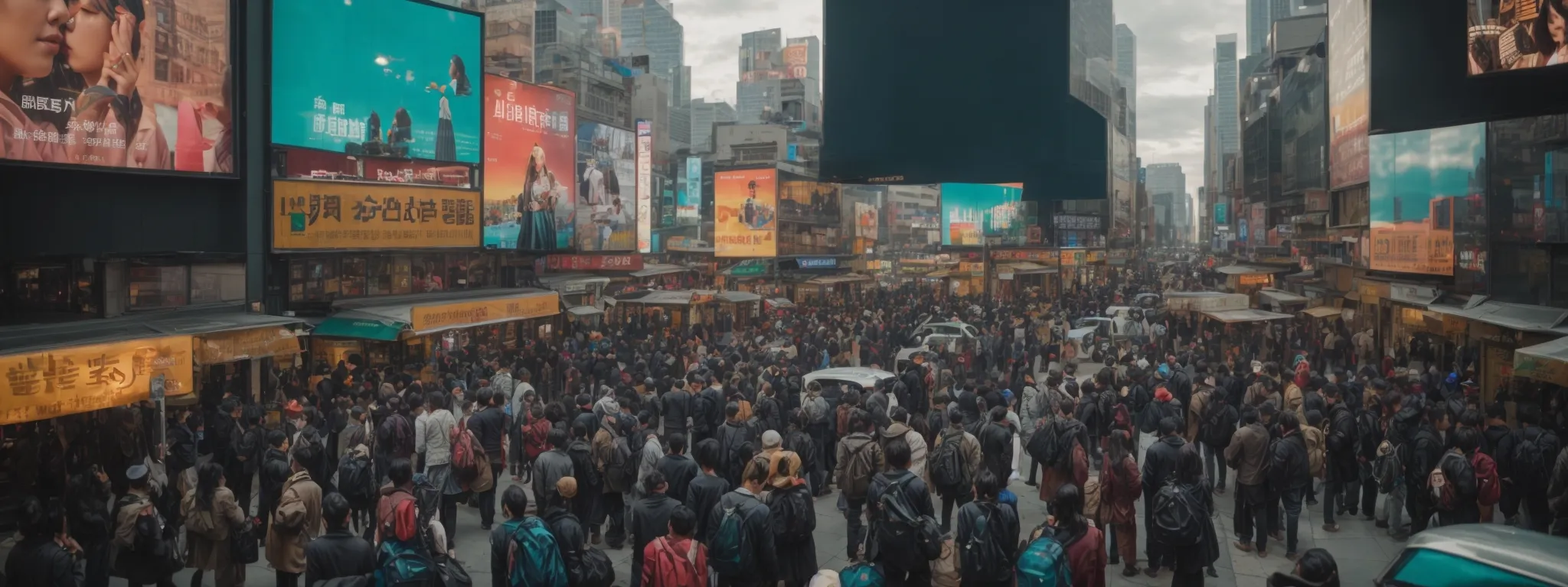 a bustling city intersection with colorful billboards and a diverse crowd immersed in their smartphones.