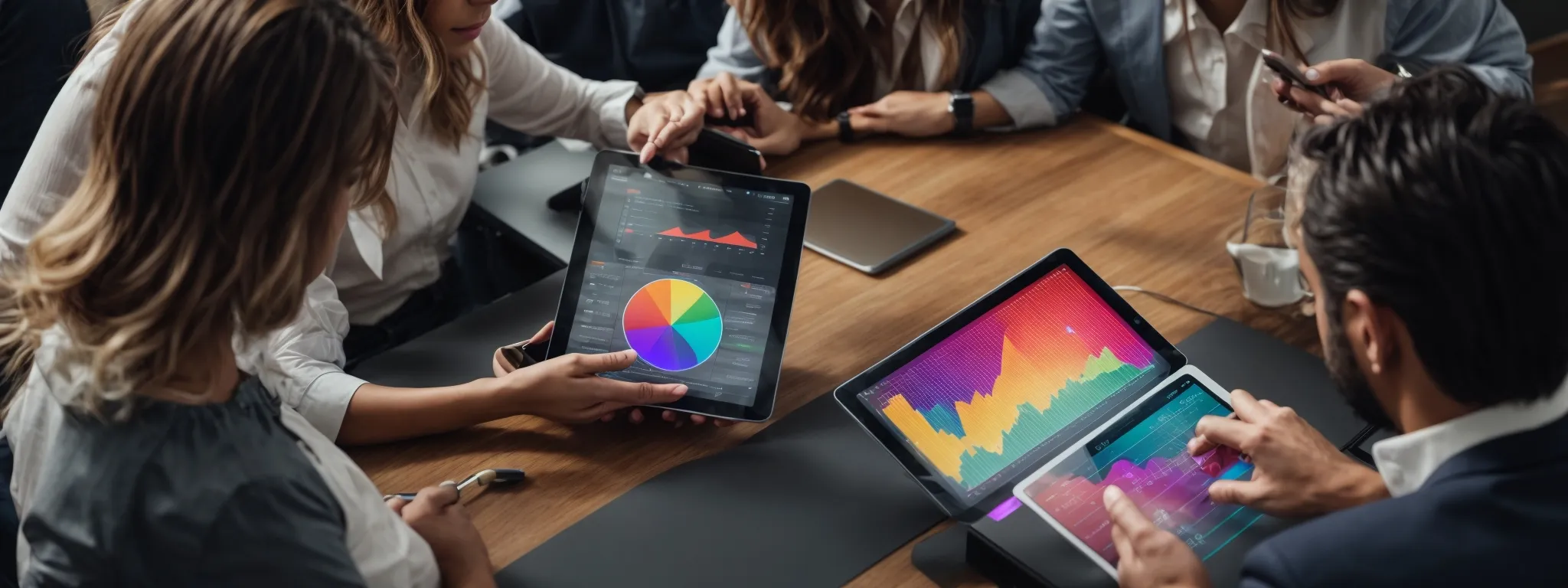 a team of professionals enthusiastically brainstorm around a digital tablet showcasing colorful graphs, symbolizing innovative digital marketing strategy development.