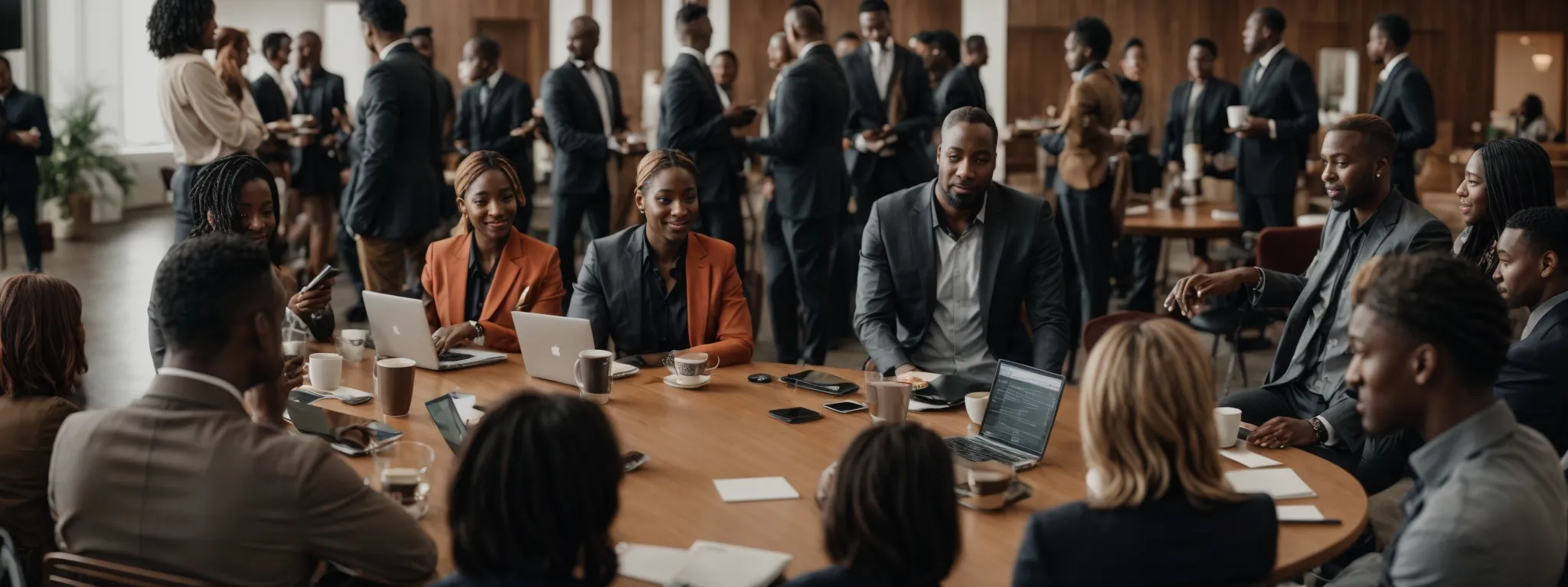 a diverse group of professionals at a roundtable discussion, with laptops open and coffee cups strewn about, while engaging in a vibrant networking event.