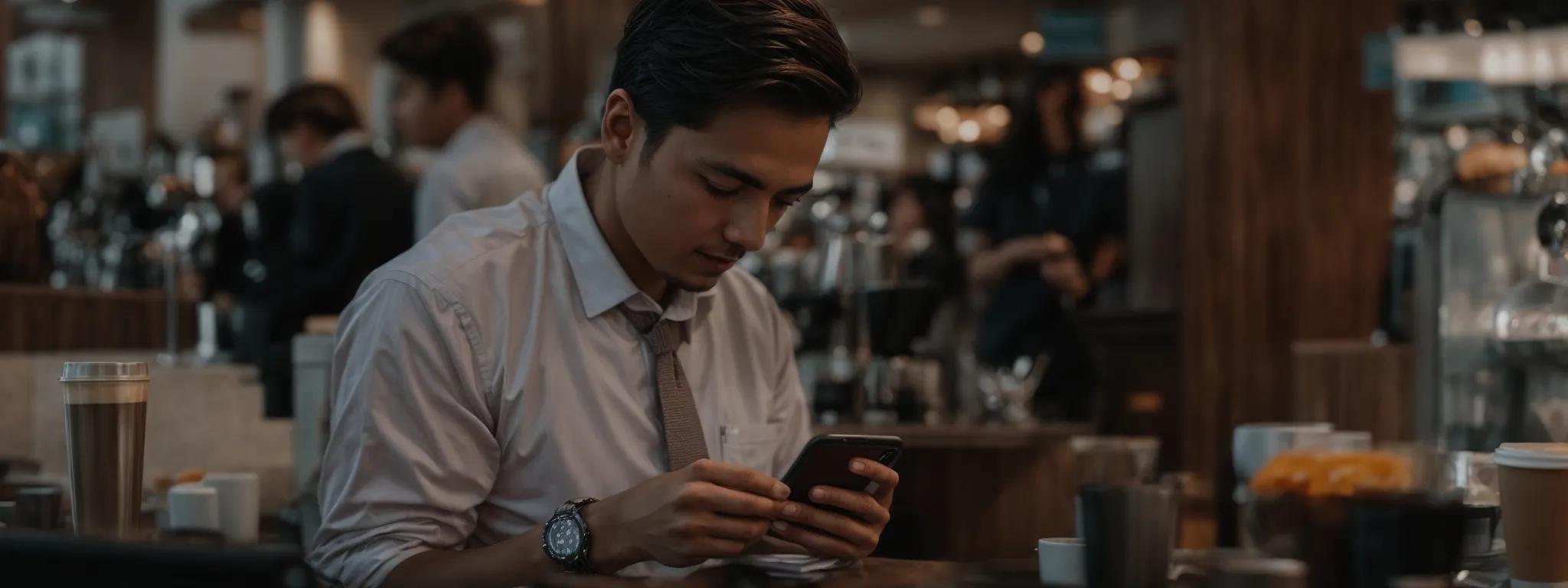 a busy professional checks an email on a smartphone amidst a bustling coffee shop.