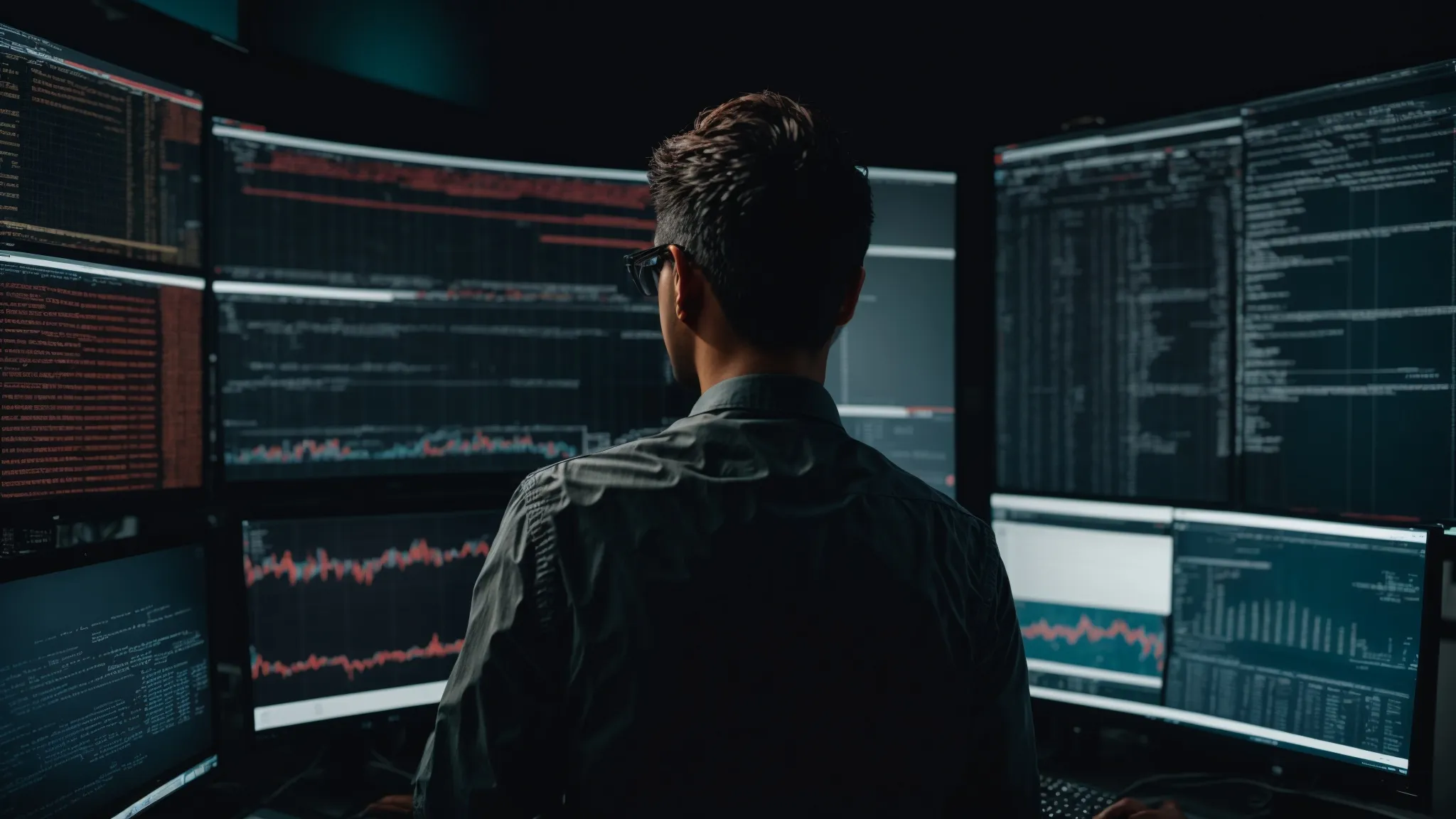 a web developer intently analyzing data on a computer screen displaying a website's backend code and performance metrics.