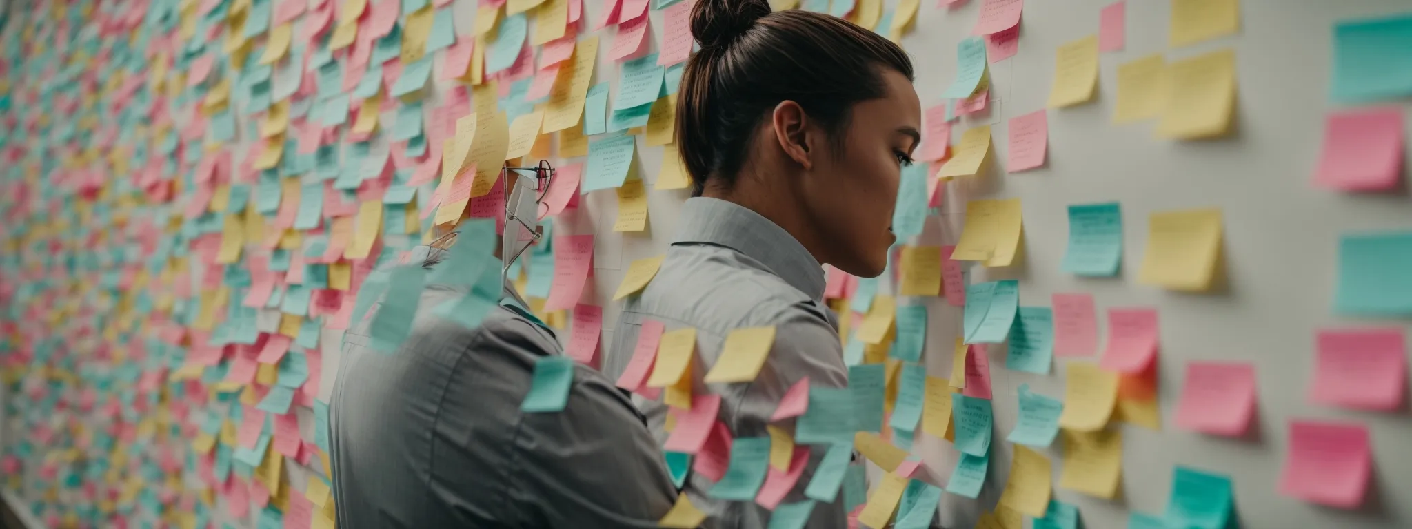 a busy marketer arranging colorful sticky notes on a glass wall to organize list topics.